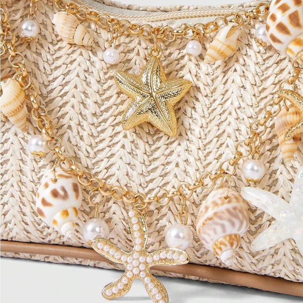 Starfish Boho Straw Shoulder Bag with Gold Chain and Shell Charms - Picture 3 of 6